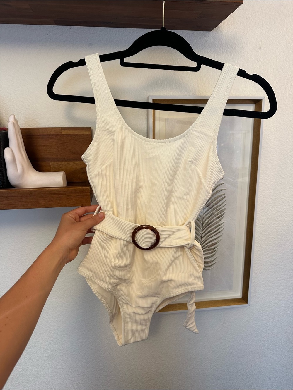 H&M Cream Ribbed Belted One-Piece